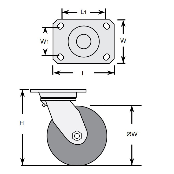 1160214 | RWC-S2710B (2 Pcs) --- Plate Castors - Wheel diameter 50 Swivel with Brake 30 mm - Inst Rubber