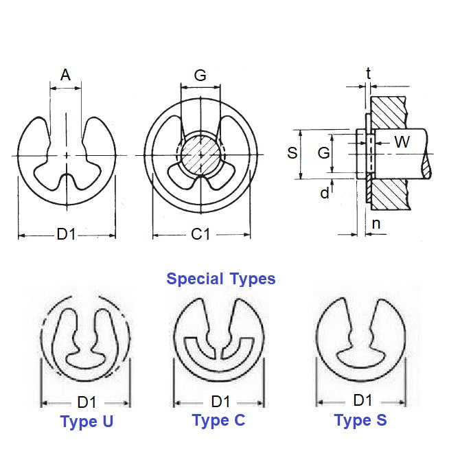 1037928 | ECL-0013-0016A-S15 (20 Pcs) --- E-Clips Retaining Rings - 1.59x1.32x0.25 mm - Stainless Steel Grade PH15-7 Mo