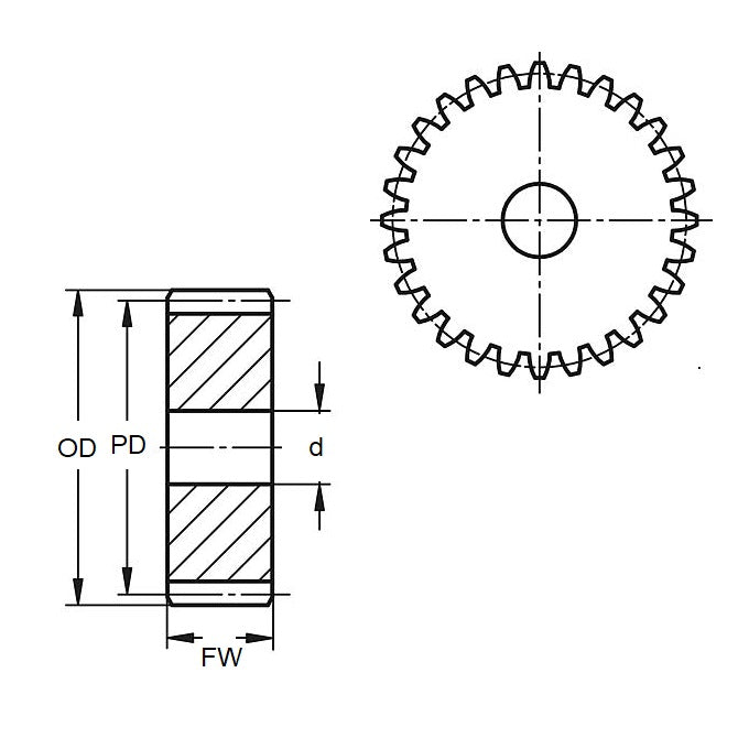1093969 | G009B-11-V32-048-032-B-N --- Spur Gears - 11 tooth - 8.74x3.175 mm - Brass