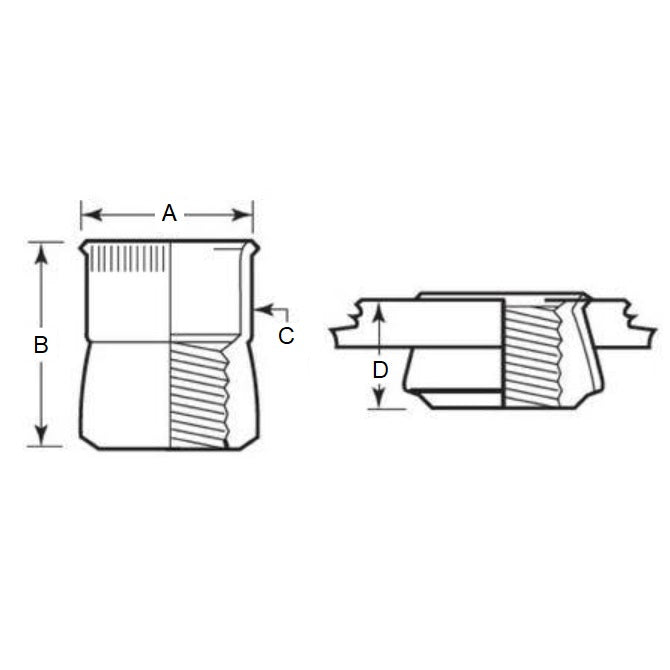 1054817 | IN-RIV-042C-072-TS --- Rivet Nuts Inserts - 8-32 UNC -4.17mm- 6.25x9.52 mm - Steel - Cadmium Finish