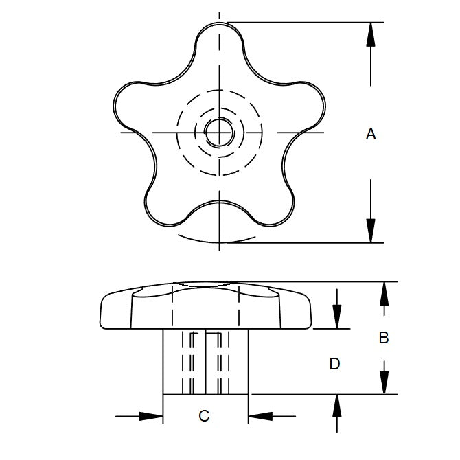 1073323 | KF064C-057-5L-PB --- Lobe Knobs - 1/4-20 UNC -6.35mm- 57.15x18.3 mm - Zinc Plated Steel Hex Nut