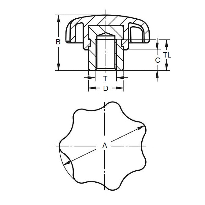 1059343 | KF048F-025-7L-SP --- Lobe Knobs - 10-32 UNF -4.76mm- 24.89x8.4 mm - Plated Steel Hub