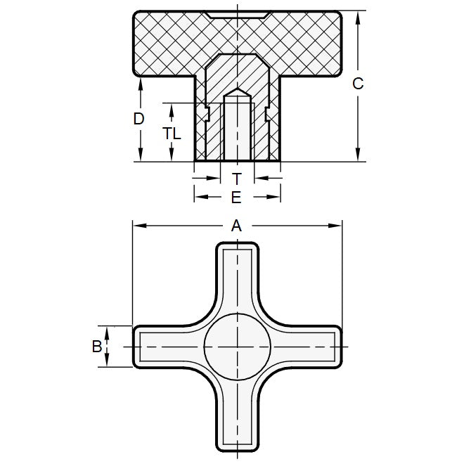 1072712 | KF064C-032-CB --- Cross Knobs - 1/4-20 UNC -6.35mm- 31.75x11.1 mm - Brass
