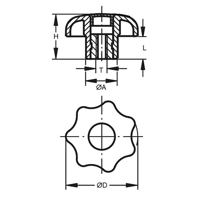 1062579 | KF050M-025-STRF-PL --- Star Knobs - M5 -5x0.8mm- 25x9 mm - Plastic