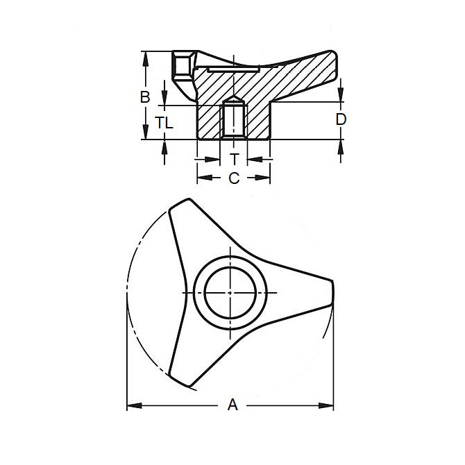 1072130 | KF064C-019-TRI-BHF --- Tri Knobs - 1/4-20 UNC -6.35mm- 19.05 - Brass