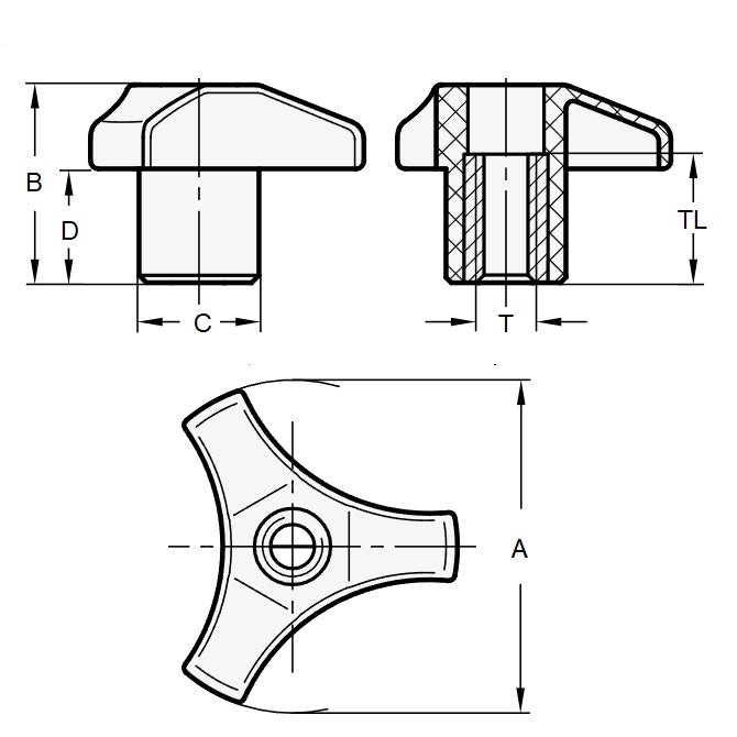1073096 | KF064C-044-TRI-PFKLK --- Tri Knobs - 1/4-20 UNC -6.35mm- 44.45 - Steel