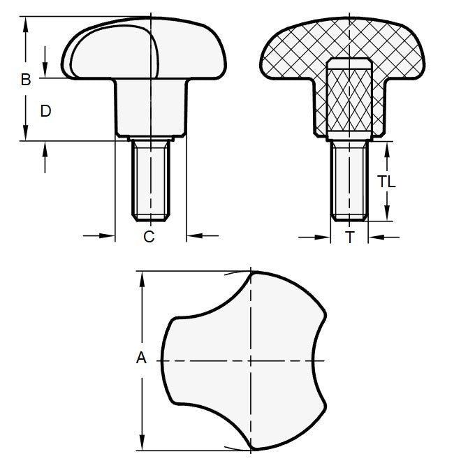 1057493 | KM048C-025-3L --- Lobe Knobs - 10-24 UNC -4.76mm- 24.89x19.1 mm - Plated Steel