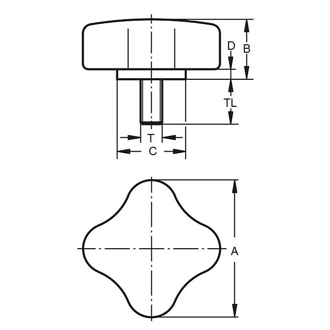 1057478 | KM048C-020-4L19 --- Lobe Knobs - 10-24 UNC -4.76mm- 20.07x19.1 mm - Plated Steel