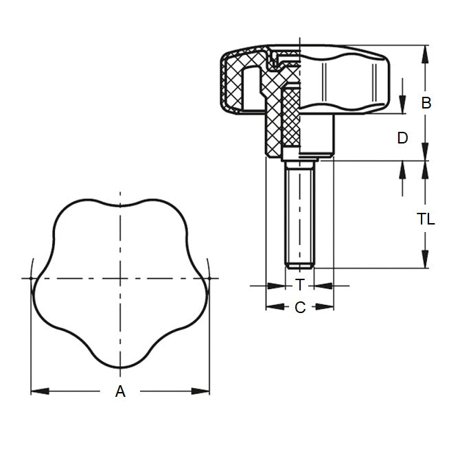 1059350 | KM048F-025-5LSFT19-ST --- Lobe Knobs - 10-32 UNF -4.76mm- 25x19.1 mm - Plated Steel