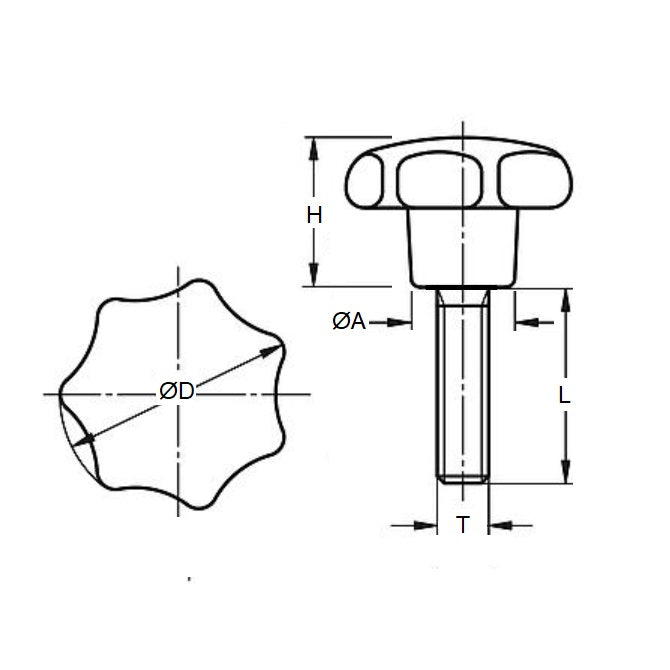 1067619 | KM060M-025-STR-PL --- Star Knobs - M6 -6x1mm- 25x20 mm - Plastic