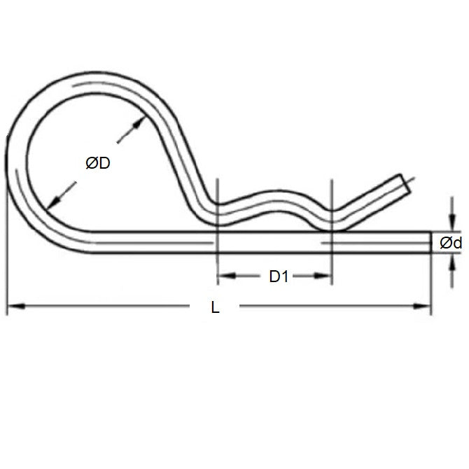 1038190 | RCL-016-033-Z (50 Pcs) --- Single Coil R Clips - 1.6x33 mm - Spring Wire, Oil-Tempered