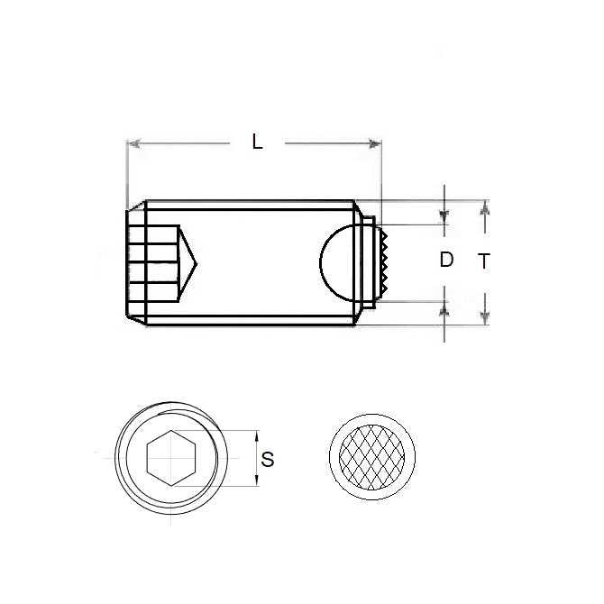 1091490 | SS100M-0244-CS-DKT --- Diamond Knurled Tip Socket Set Screws - M10 -10x1.5mm- 24.4 mm - Diamond Knurled Tip - Carbon Steel with Alloy Steel SUJ2 HRC 55 -60 tip