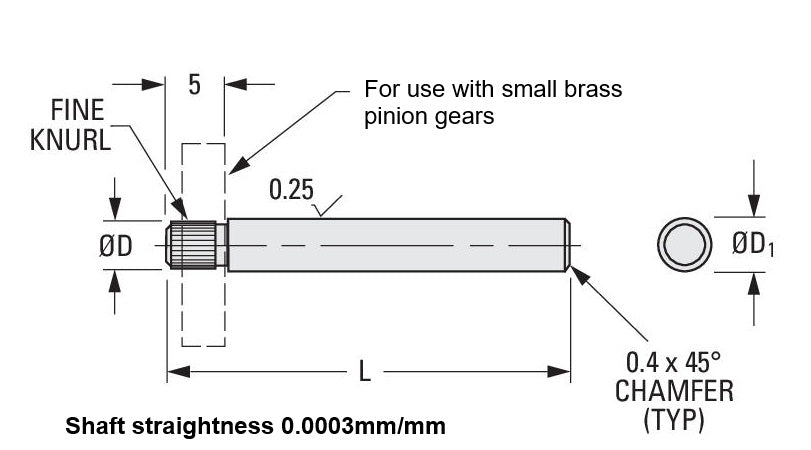 1037231 | SHPIN01.5X50 --- Pinion Shafts - 1.5x1.55x5 mm - Stainless Steel 303/304 (Similar to A2, 18-8) HRB80