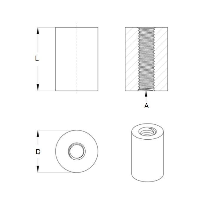 1054959 | SRD-T-0417C-10-013-B (3 Pcs) --- Threaded Spacers - 8-32 UNC -4.17mm- 9.525x12.7 mm - Brass