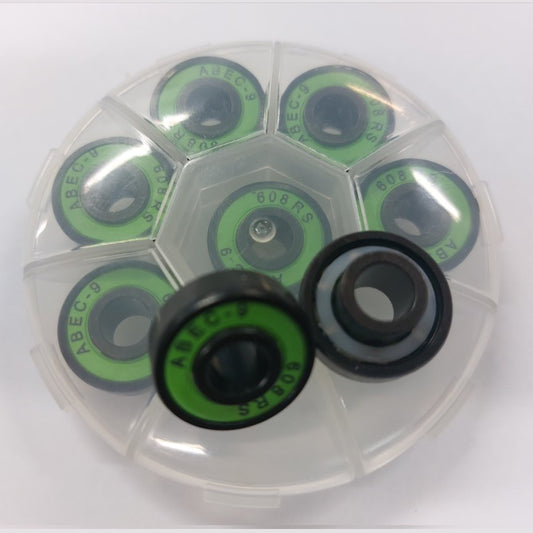 Skate Board and Skating Bearings -  For general skating with extended inner ring Extended inner ring one side - SET OF 8 BEARINGS -8x22x7 inner width 12.5- - Chrome Steel / Nylon Cage