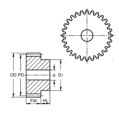 1096604 | G013B-12-D24-064-048-AB-G --- Spur Gears - 12 tooth - 12.7x4.762 mm - Acetal - Brass insert