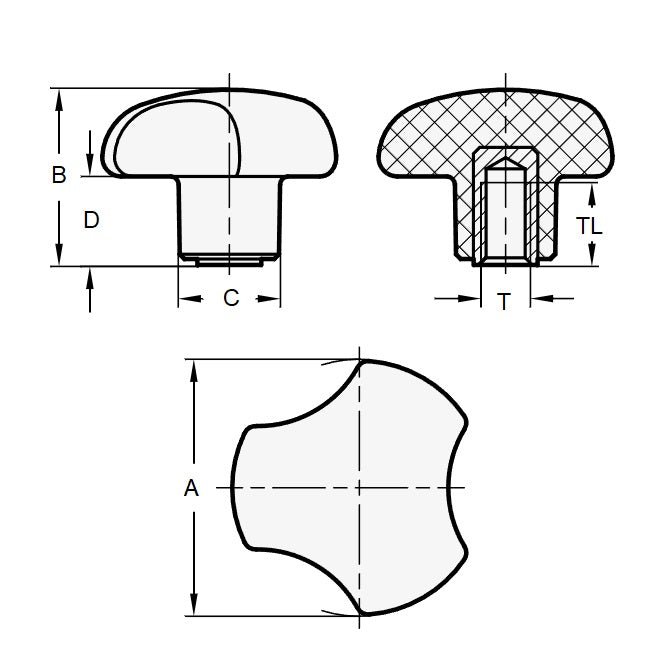 1057492 | KF048C-025-3L --- Lobe Knobs - 10-24 UNC -4.76mm- 24.89x8.9 mm - Brass