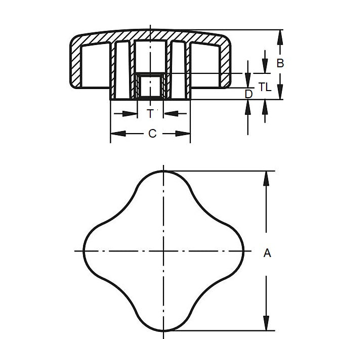 1072380 | KF064C-025-4LA --- Lobe Knobs - 1/4-20 UNC -6.35mm- 24.89x9.7 mm - Brass