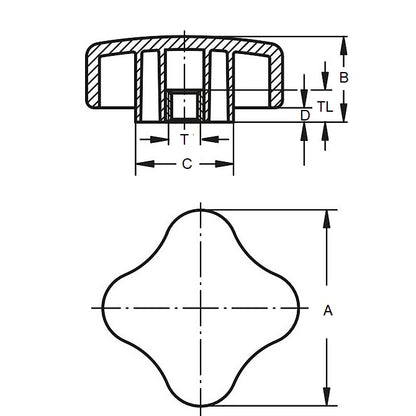 1072380 | KF064C-025-4LA --- Lobe Knobs - 1/4-20 UNC -6.35mm- 24.89x9.7 mm - Brass