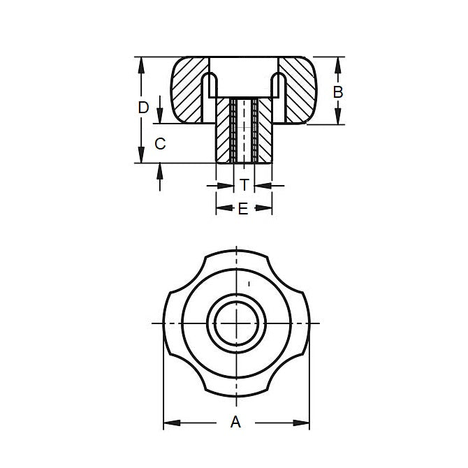 1059332 | KF048F-020-4L-P --- Lobe Knobs - 10-32 UNF - 4.76mm - 20.07x7.1 mm - Brass
