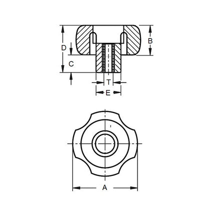 1059332 | KF048F-020-4L-P --- Lobe Knobs - 10-32 UNF - 4.76mm - 20.07x7.1 mm - Brass