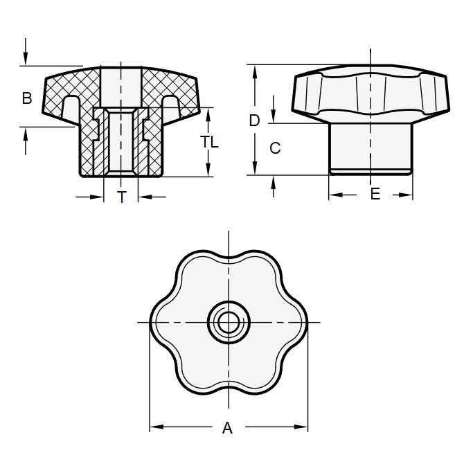 1067831 | KF060M-030-6L-PBR --- Lobe Knobs - M6 -6x1mm- 30x18 mm - Brass
