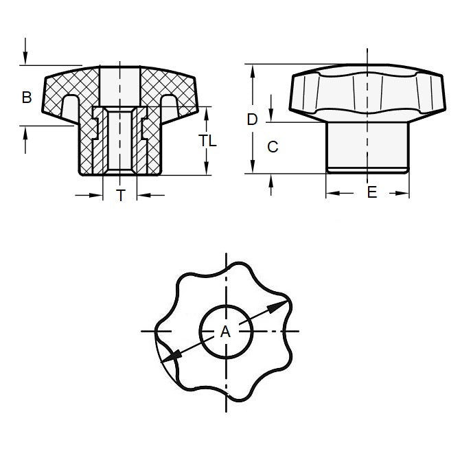 1226832 | KF120M-050-7L-P --- Lobe Knobs - M12 -12x1.75mm- 50x25 mm - Brass