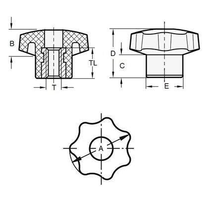 1226832 | KF120M-050-7L-P --- Lobe Knobs - M12 -12x1.75mm- 50x25 mm - Brass