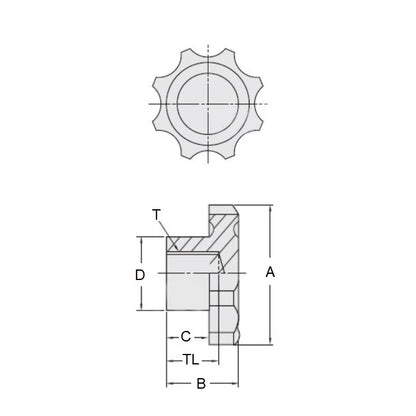 1092224 | KF100M-040-8L --- Lobe Knobs - M10 -10x1.5mm- 40x17 mm - Phenolic and Brass