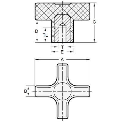 1057508 | KF048C-025-CB (100 Pcs) --- Cross Knobs - 10-24 UNC - 4.76mm - 25.4x9.5 mm - Brass