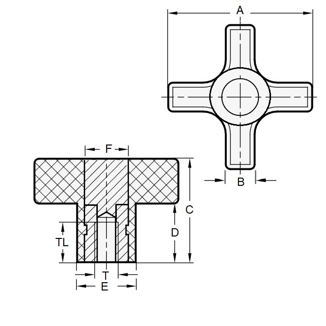 1072809 | KF064C-032-CH-SS --- Cross Knobs - 1/4-20 UNC -6.35mm- 32x9.5 mm - Stainless Steel