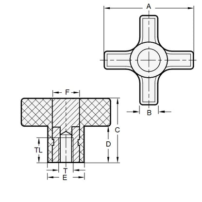 1072809 | KF064C-032-CH-SS --- Cross Knobs - 1/4-20 UNC -6.35mm- 32x9.5 mm - Stainless Steel