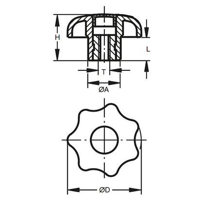 1062579 | KF050M-025-STRF-PL --- Star Knobs - M5 -5x0.8mm- 25x9 mm - Plastic