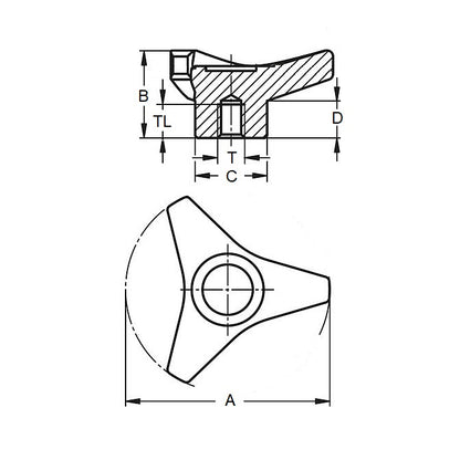 1227105 | KF100M-080-3LA (4 Pcs) --- Lobe Knobs - M10 -10x1.5mm- 80x17 mm - Brass