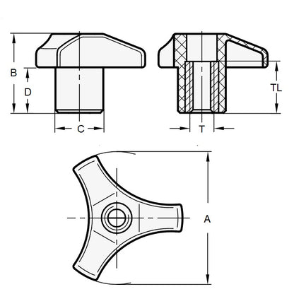 1059406 | KF048F-029-TRI-PF (3 Pcs) --- Tri Knobs - 10-32 UNF -4.76mm- 28.58  - Brass