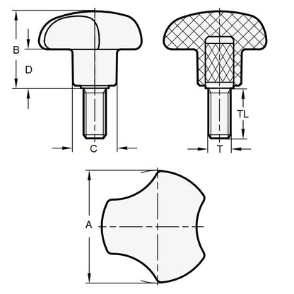 1062584 | KM050M-025-3L10 (5 Pcs) --- Lobe Knobs - M5 -5x0.8mm- 25x10 mm - Steel