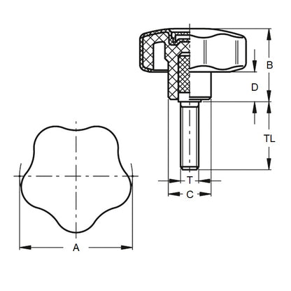 1072831 | KM064C-032-5LSFT19-ST --- Lobe Knobs - 1/4-20 UNC -6.35mm- 32x19.1 mm - Plated Steel