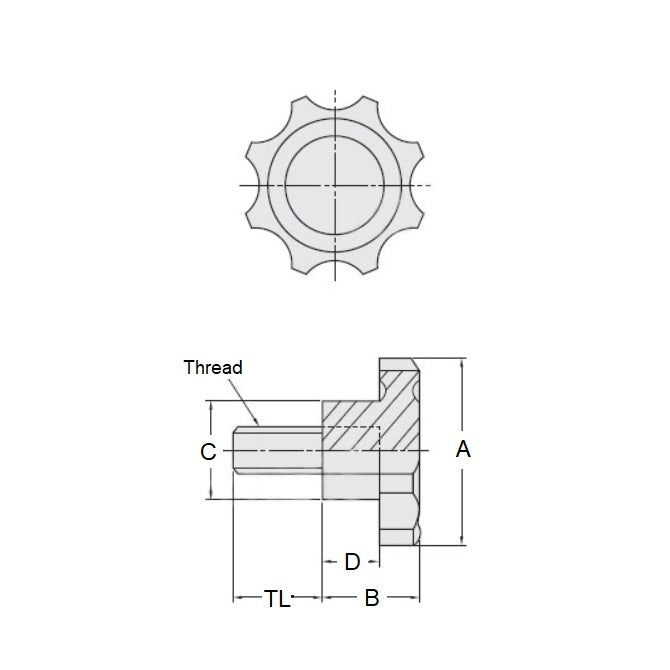 1098680 | KM120M-050-8L15 --- Lobe Knobs - M12 -12x1.75mm- 50x15 mm - Phenolic and Brass