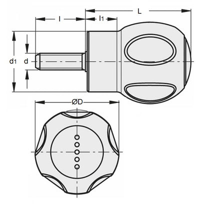 1086854 | KM095C-050-R-SFT --- Round Male Soft Knobs - 3/8-16 UNC -9.53mm- 50x62 mm - Rubber