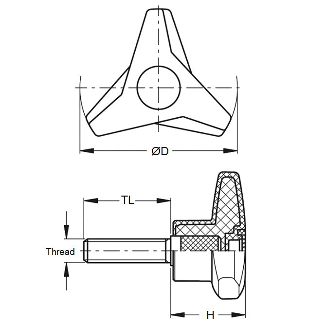 1073150 | KM064C-045-TRI-BHM --- Tri Knobs - 1/4-20 UNC -6.35mm- 44.96 mm - 24.9  - Plated Steel