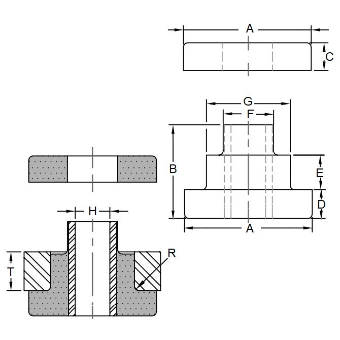 1205574 | MB2-0025-195 (25 Pcs) --- Bonded Mounts - 195 Kg - 23.8x88.9 mm - Rubber