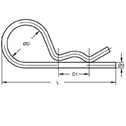 1038190 | RCL-016-033-Z (50 Pcs) --- Single Coil R Clips - 1.6x33 mm - Spring Wire, Oil-Tempered