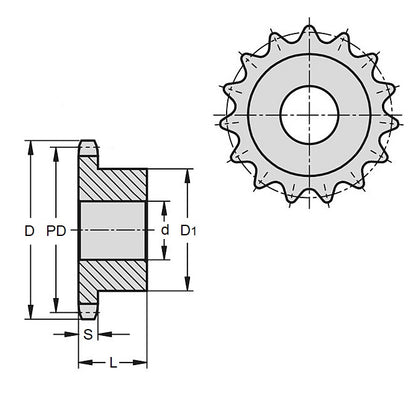 1097876 | SP1-064-028B-012-095F-C --- Roller Chain Sprockets - 12 tooth - 24.25x16.66 mm - Carbon Steel